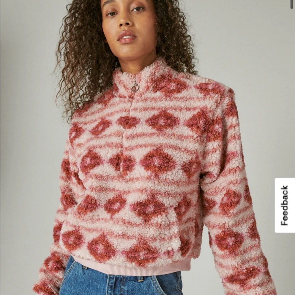 Lucky Brand Pink and Red Teddy Hi-Pile Half Zip Pullover Jacket size XS